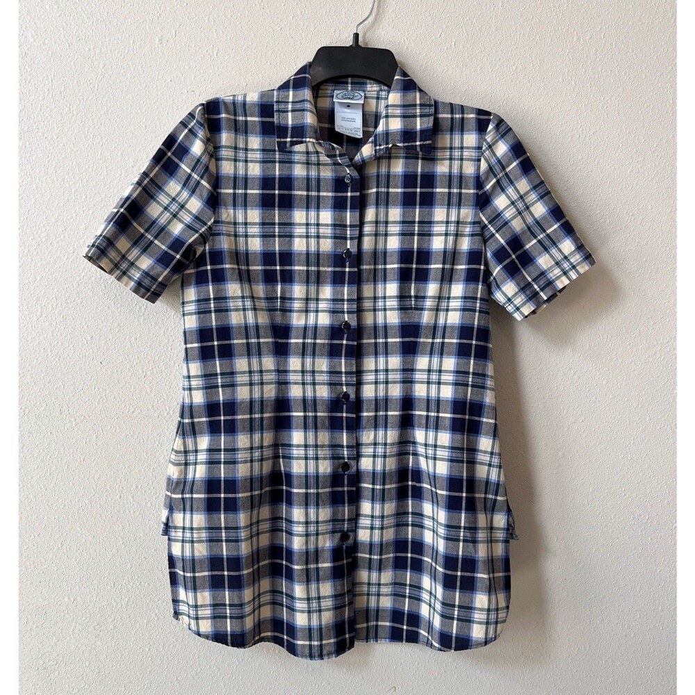 Vintage Laura Ashley UK Plaid Button Up Shirt 6 High Low Hem Short Sleeve Tunic - Picture 5 of 9